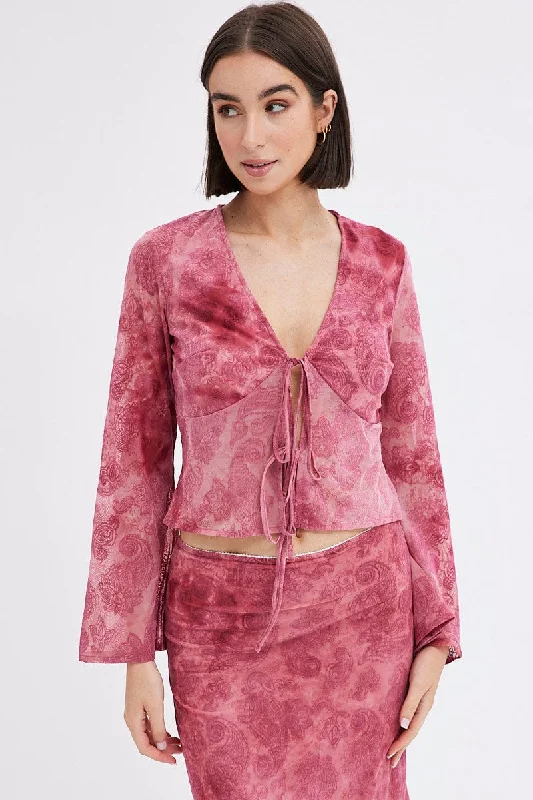 Lowest Price Red Paisley Tie Front Top Long Sleeve V Neck Mesh Flocked