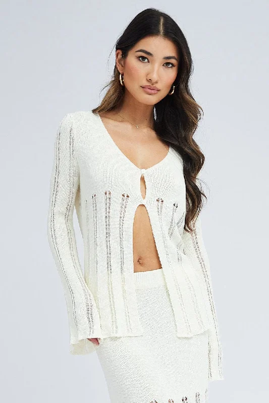 Best Deals White Cardigan Long Sleeve V Neck Button Ladder Knitted
