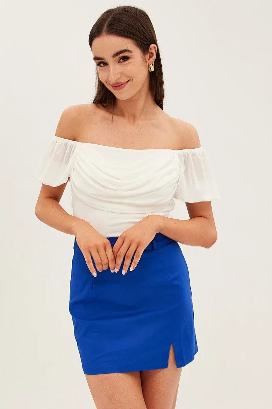 Hurry In White Crop Top Short Sleeve Cowl Neck Mesh