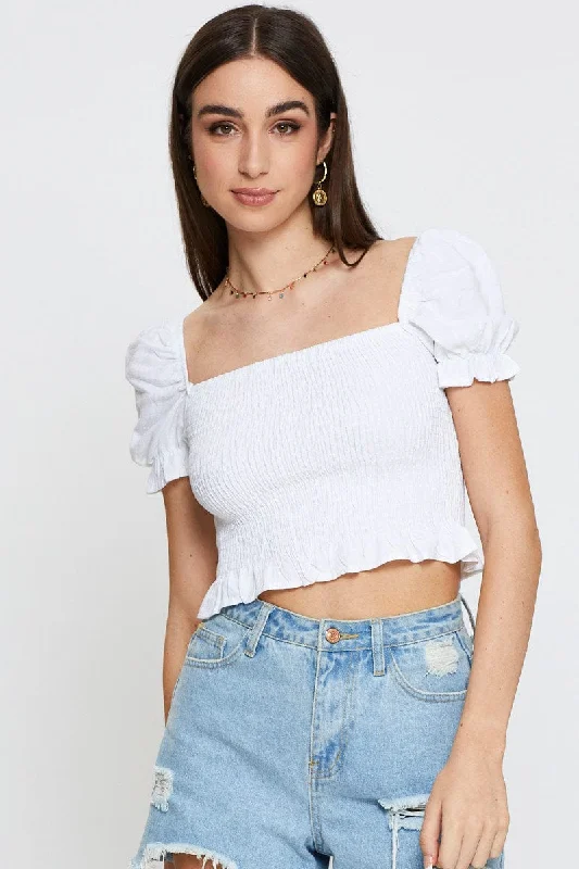 Savings Spectacular White Crop Top Short Sleeve Square Neck Shirred Waist