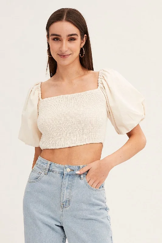 Season Finale Sale White Linen Blend Half Sleeve Shirred Cropped Top