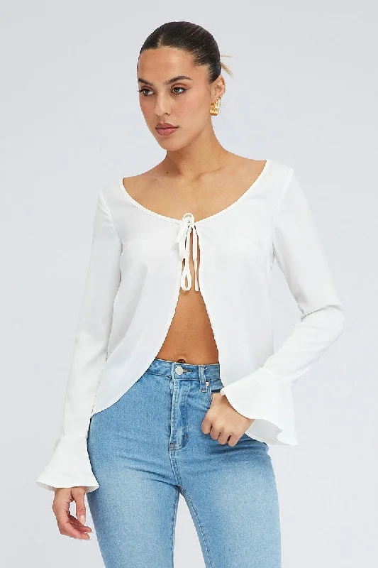 Unmissable Offer White Tie Front Top Long Sleeve Scoop Neck Satin