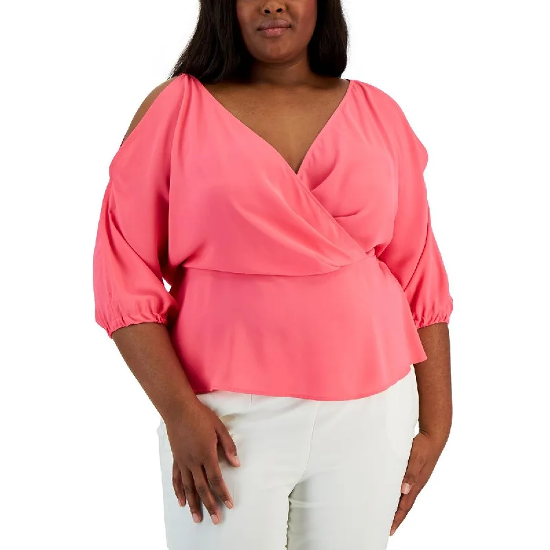 YEAR-End Clearance Anne Klein Womens Plus Pleated Crossover Peplum Top