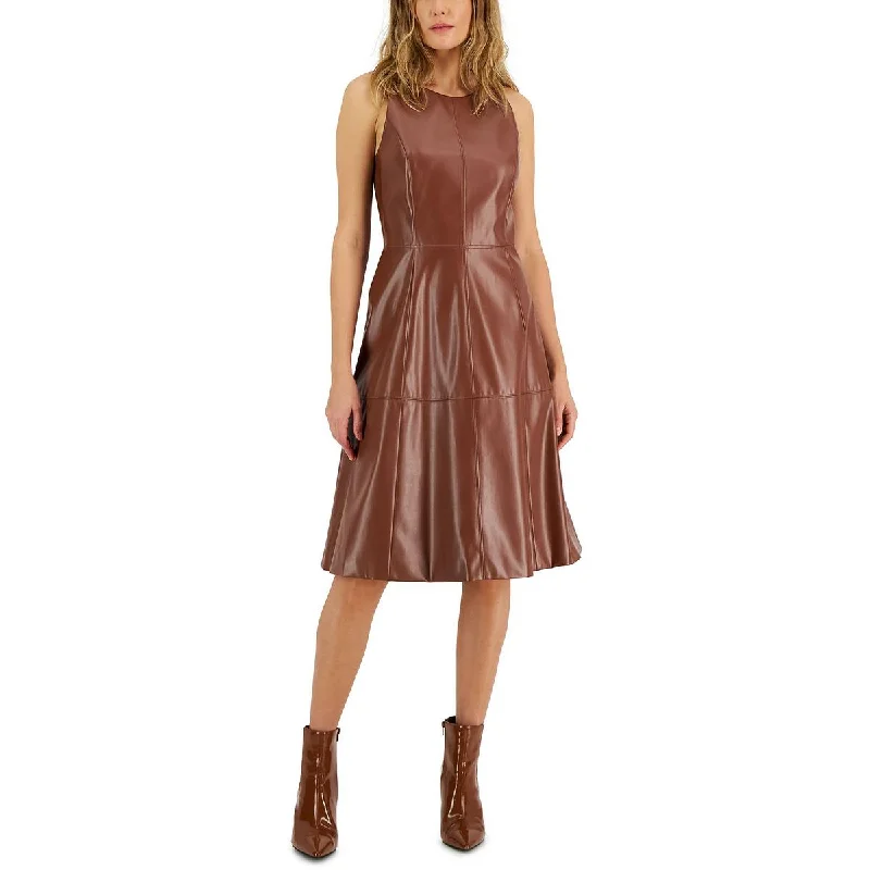 New Markdowns INC Womens Faux Leather Sleeveless Fit & Flare Dress