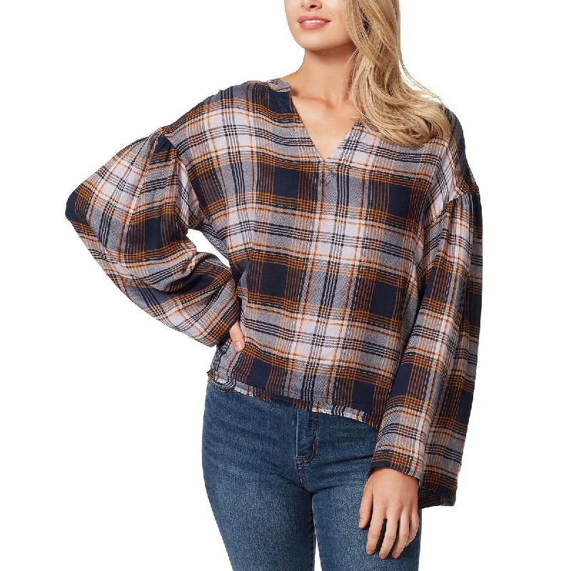 Jessica Simpson Womens Plaid Notch-Neck Pullover Top