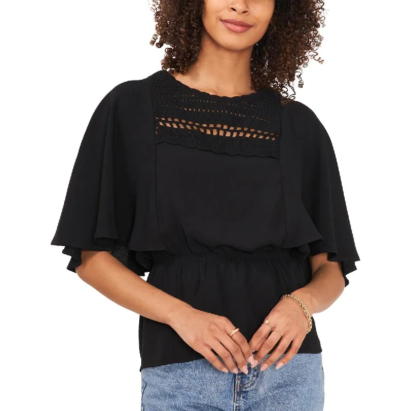 Weekend Deal Vince Camuto Womens Crochet Yoke Keyhole Peplum Top
