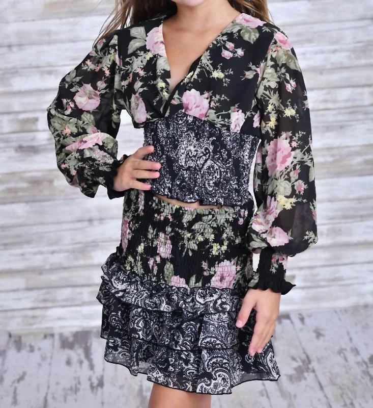 Girl's Chiffon Top In Black & Pink Rose