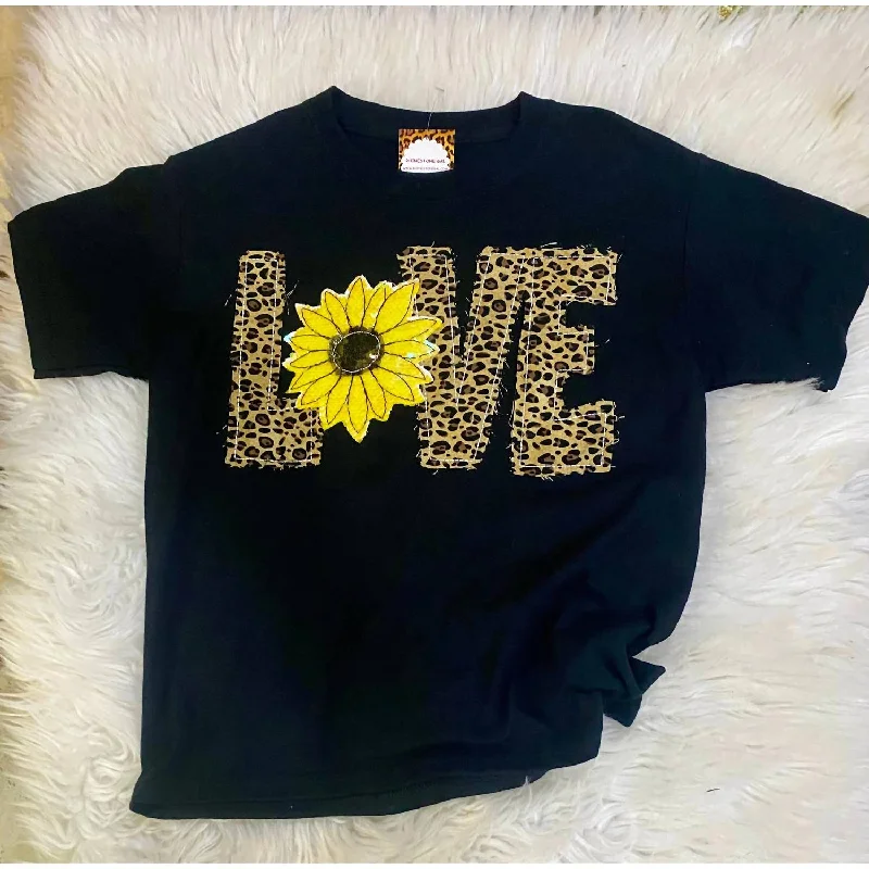 Girl's Hand Sewn Leopard Love Tee In Black