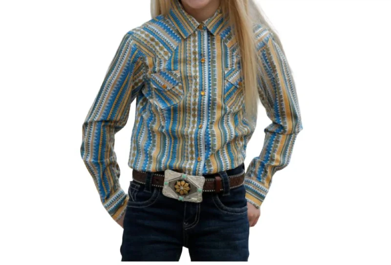 Loyalty Reward Girl's Print Long Sleeve Snap Shirt In Blue/yellow