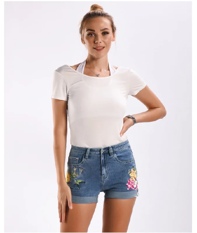 Discount Days Flower Embroidery Roll Cuff Denim Shorts
