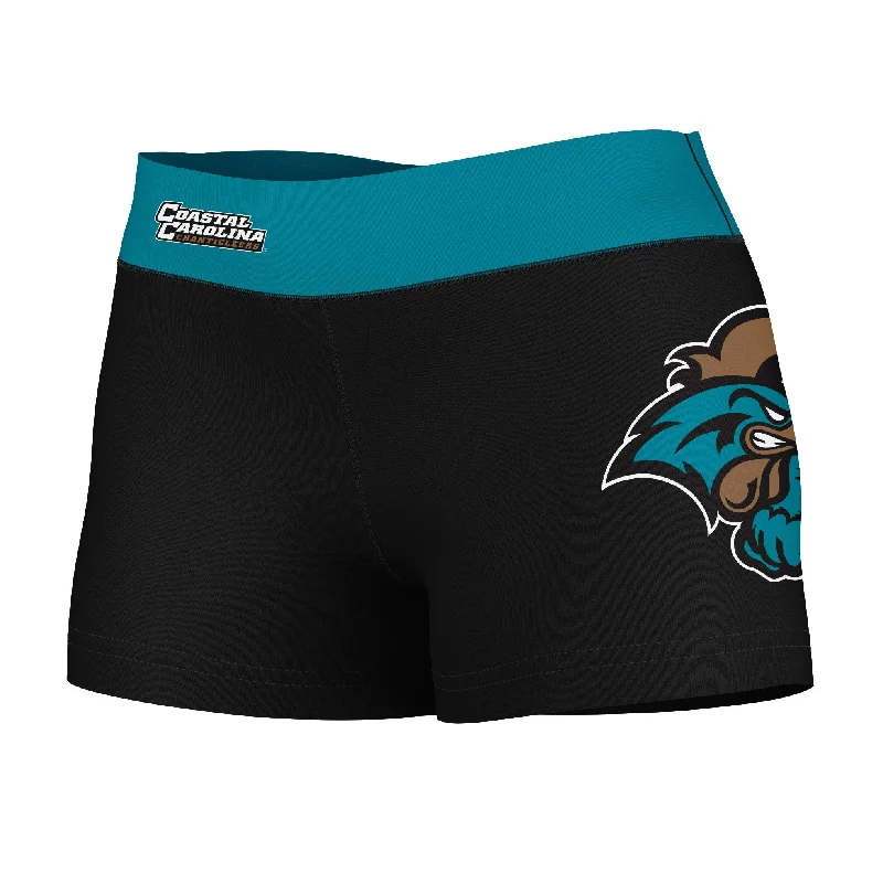 Mega Deal Coastal Carolina Chanticleers CCU Logo on Thigh & Waistband Black & Teal Womens Yoga Booty Workout Shorts by Vive La Fete Mega Deal Coastal Carolina Chanticleers CCU Logo on Thigh & Waistband Black & Teal Womens Yoga Booty Workout Shorts by Vive La Fete
