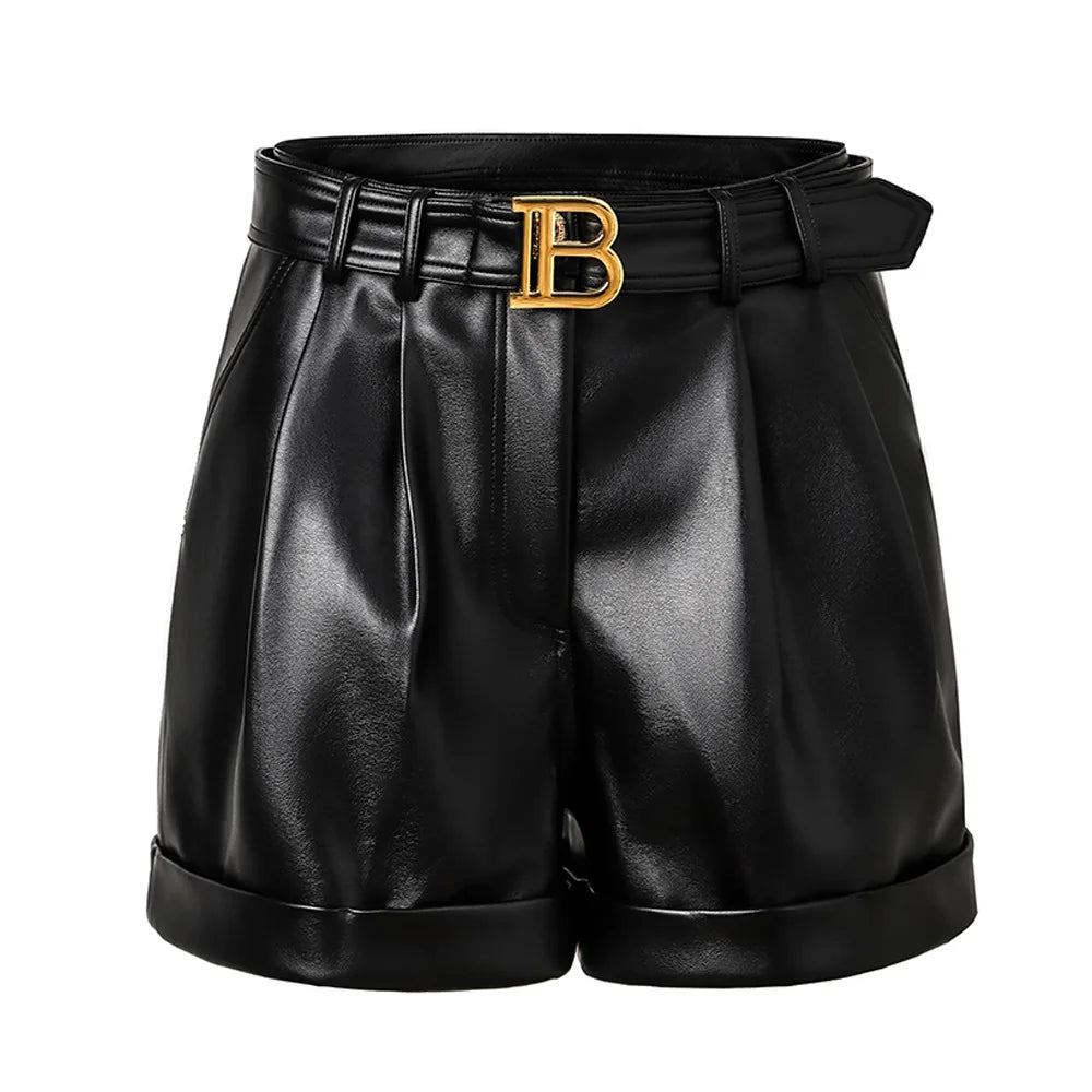 Limited Edition Custom PU Leather Roll Cuff Belted Shorts
