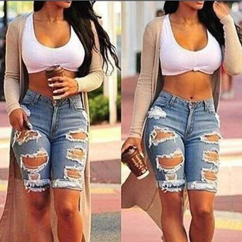 Markdowns High Waist Ripped Hole Roll Cuff Denim Shorts (Blue, Black, White)