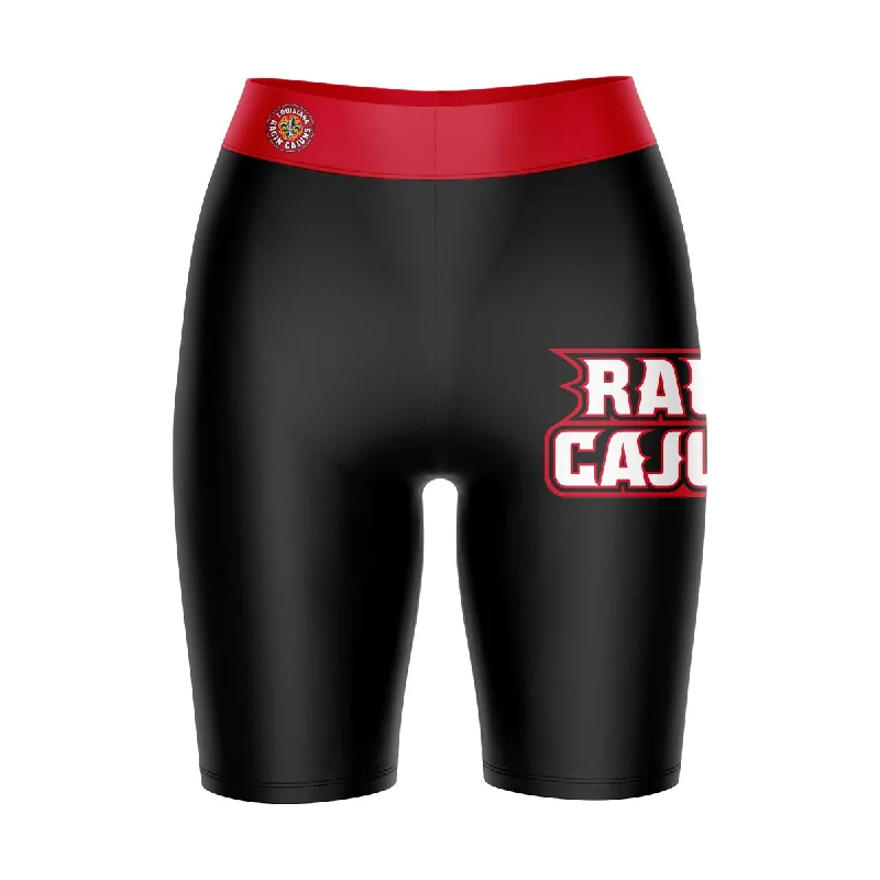Deal Mania Louisiana Ragin Cajuns Game Day Logo on Thigh and Waistband Black and Red Womens Bike Shorts by Vive La Fete