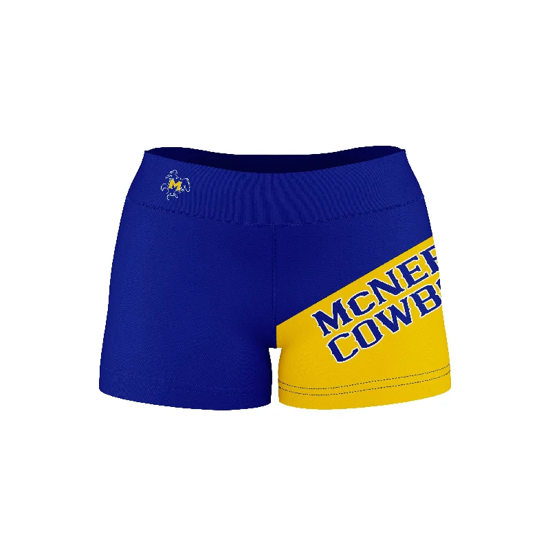Closeout McNeese State Cowboys Game Day Collegiate Leg Color Block Blue Gold Optimum Womens Yoga Shorts by Vive La Fete Closeout McNeese State Cowboys Game Day Collegiate Leg Color Block Blue Gold Optimum Womens Yoga Shorts by Vive La Fete