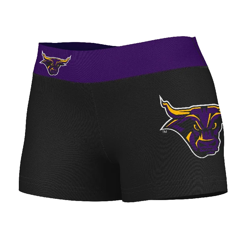 Savings Event MSU Mavericks Logo on Thigh and Waistband Black & Purple Womens Yoga Booty Workout Shorts by Vive La Fete Savings Event MSU Mavericks Logo on Thigh and Waistband Black & Purple Womens Yoga Booty Workout Shorts by Vive La Fete