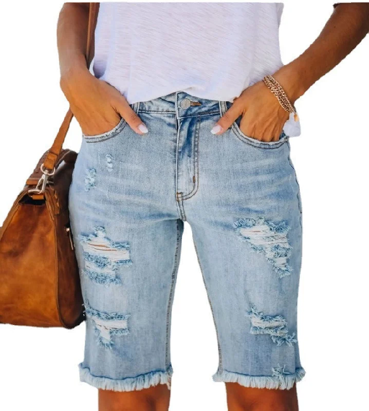 Savings Alert Fringed Raw Hem Distressed Bermuda Denim Shorts (Light Blue/Gray)