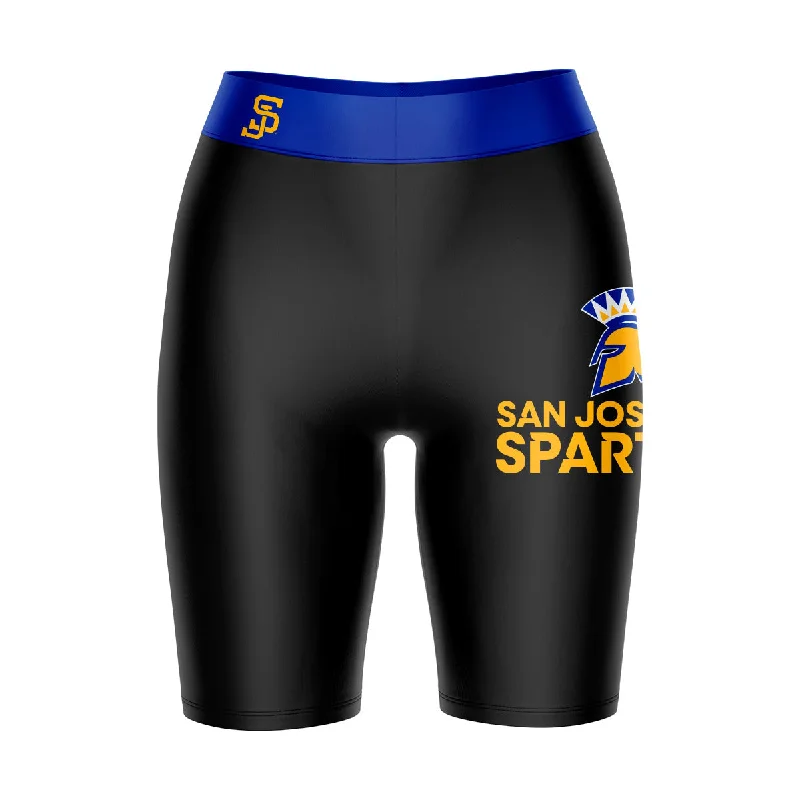 Amazing Deals San Jose State Spartans Game Day Logo on Thigh and Waistband Black and Blue Womens Bike Shorts by Vive La Fete Amazing Deals San Jose State Spartans Game Day Logo on Thigh and Waistband Black and Blue Womens Bike Shorts by Vive La Fete