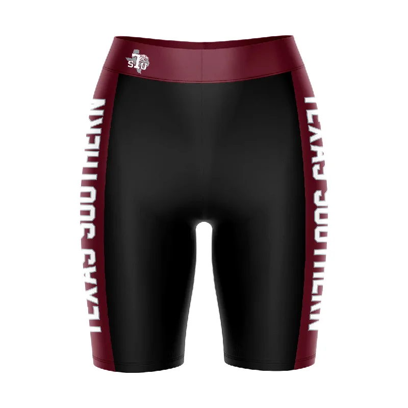 Final Markdown Texas Southern University Tigers Game Day Logo on Waistband and Maroon Stripes Black Womens Bike Shorts by Vive La Fete Final Markdown Texas Southern University Tigers Game Day Logo on Waistband and Maroon Stripes Black Womens Bike Shorts by Vive La Fete