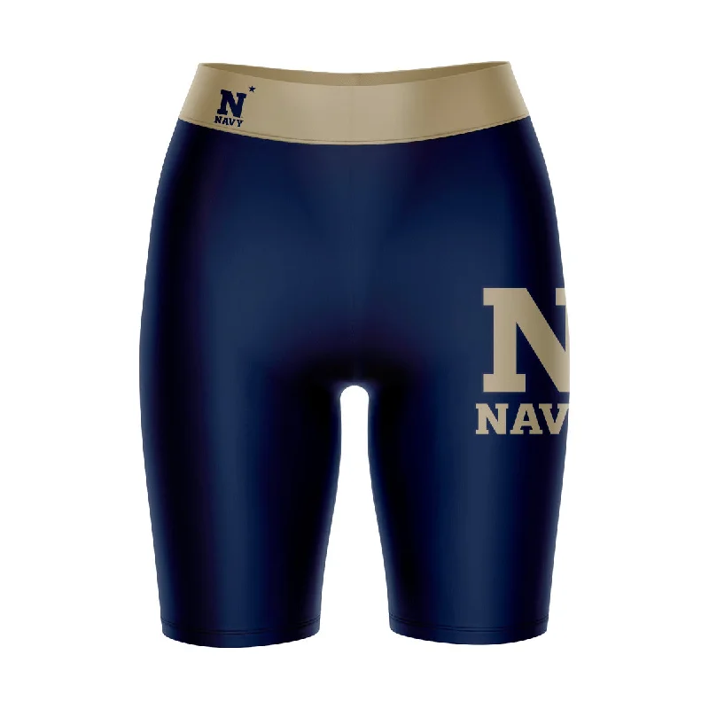 Hurry In US Naval Academy Midshipmen Game Day Logo on Thigh and Waistband Navy and Gold Womens Bike Shorts by Vive La Fete Hurry In US Naval Academy Midshipmen Game Day Logo on Thigh and Waistband Navy and Gold Womens Bike Shorts by Vive La Fete