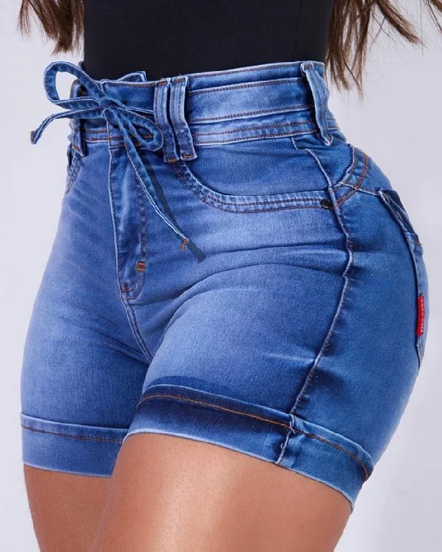 Deal Frenzy Drawstring High Waist Roll Cuff Denim Skinny Shorts